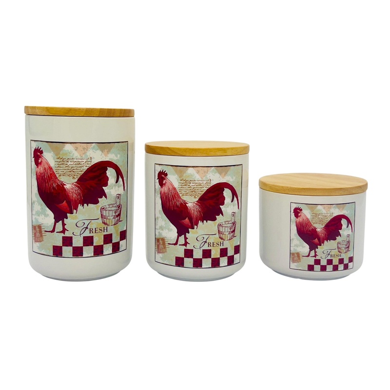 AKDC Ceramic 3pcs Canister Set  350ml+600ml+1000ml with a Wooden Lid, White, XSP612-13