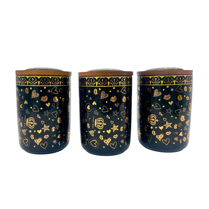 AKDC Ceramic Set of 3 Canister 1 Liter * 3 with a Wooden Lid, Black and Golden Design