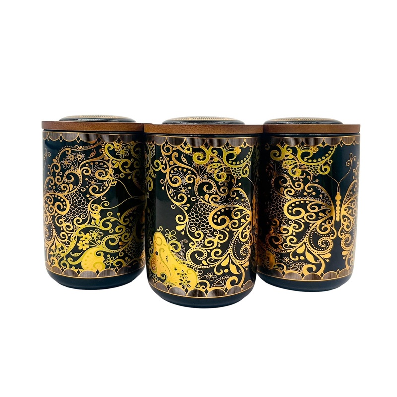 AKDC Ceramic Set of 3 Canister 1 Liter * 3 with a Wooden Lid, Black and Golden Floral Design