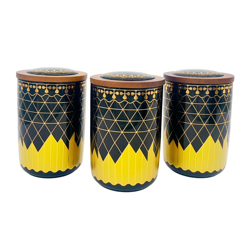 AKDC Ceramic Set of 3 Canister 1 Liter * 3 with a Wooden Lid, Black and Golden Line Design