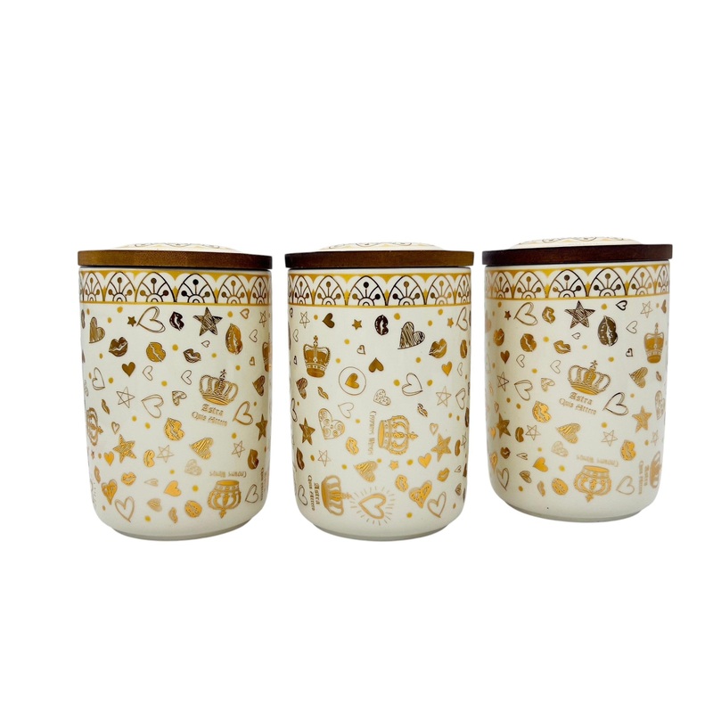 AKDC Ceramic Set of 3 Canister 1 Liter * 3 with a Wooden Lid, White and Golden Design
