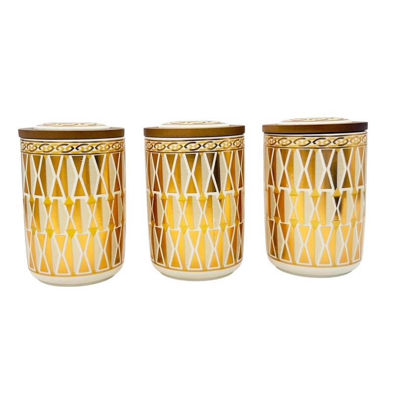 AKDC Ceramic Set of 3 Canister 1 Liter * 3 with a Wooden Lid, White and Golden triangle Design