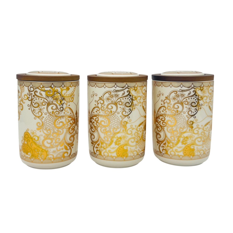 AKDC Ceramic Set of 3 Canister 1 Liter * 3 with Wooden Lid, White and Golden Floral Design