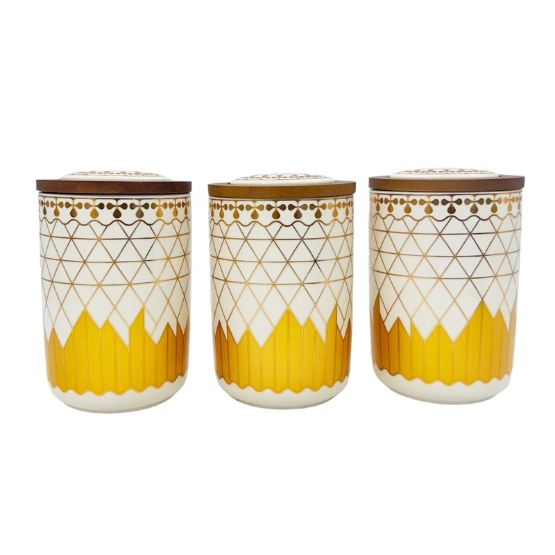 AKDC Ceramic Set of 3 Canister 1 Liter * 3 with Wooden Lid, White and Golden Line Design