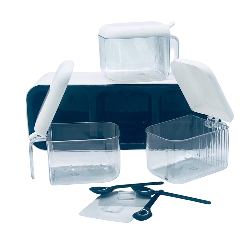 AKDC Rectangular 3pcs Spice Jar Set with Spoons, White/Black