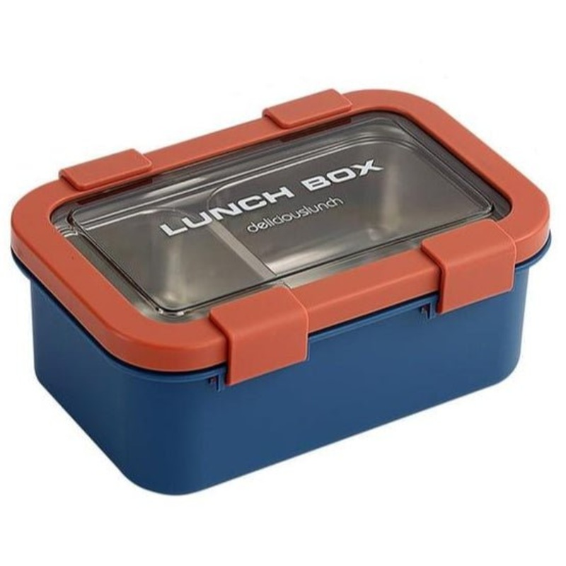 AKDC Two Compartment Lunch Box with Cutlery 850ml, SUS304 Stainless Steel Interior, Navy Blue/BloodOrange
