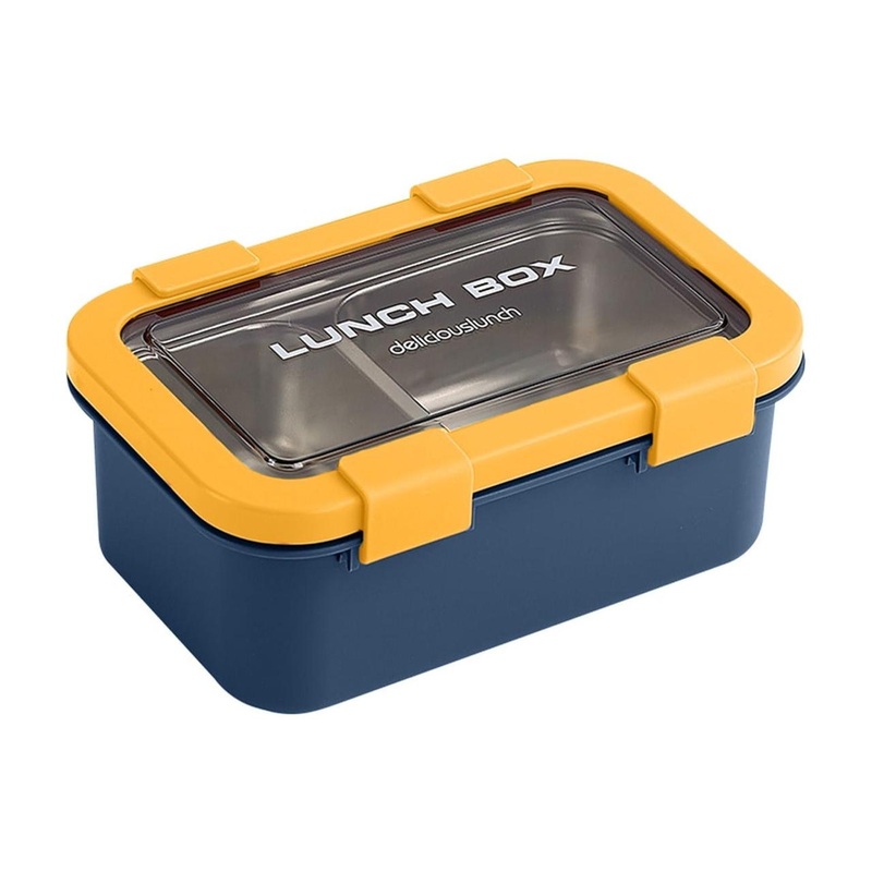 AKDC Two Compartment Lunch Box with Cutlery 850ml, SUS304 Stainless Steel Interior, Navy Blue/Yellow