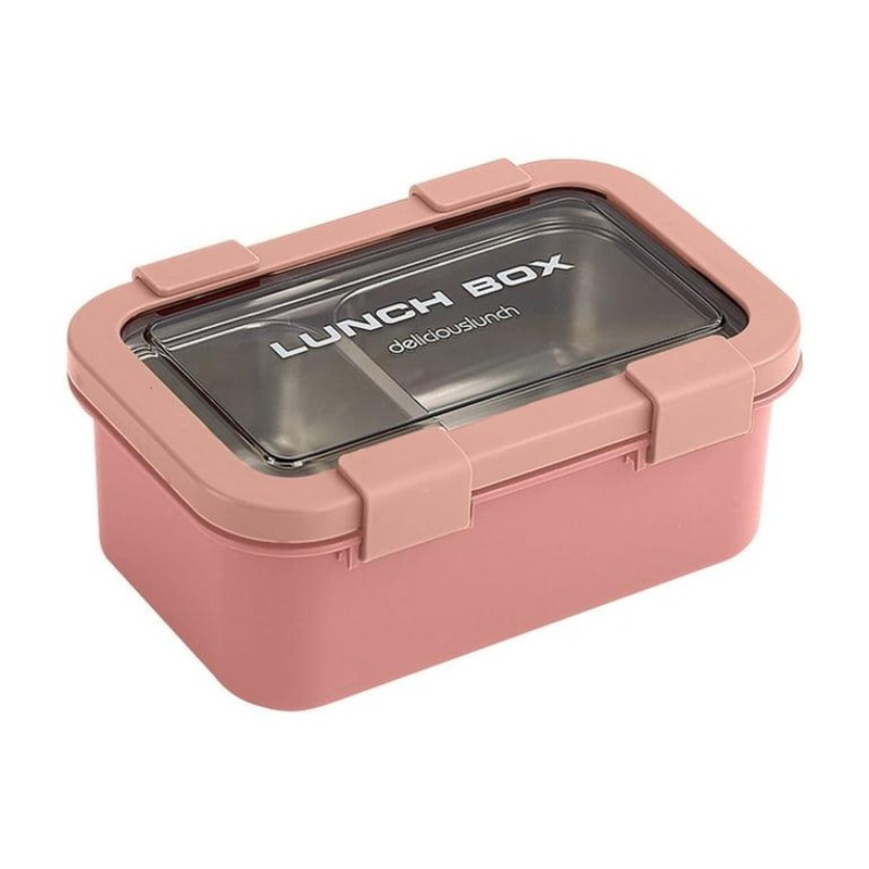 AKDC Two Compartment Lunch Box with Cutlery 850ml, SUS304 Stainless Steel Interior, Pink