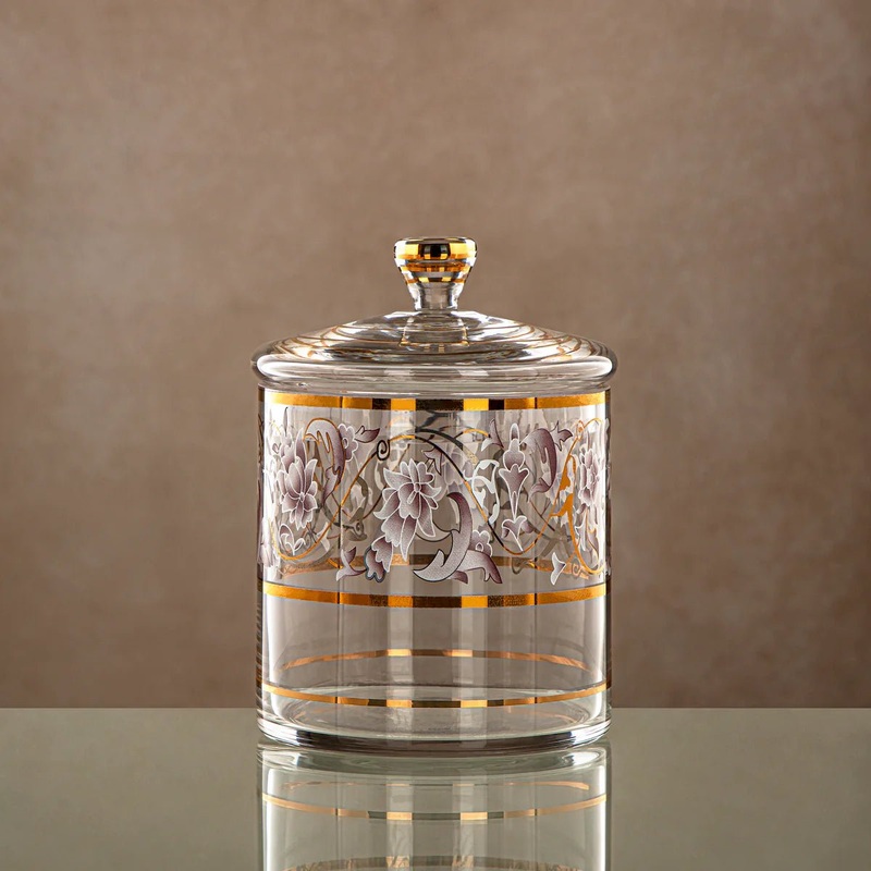 Almarjan Glass Candy Pot with Lid 1000ml, Clear & Golden Pattern