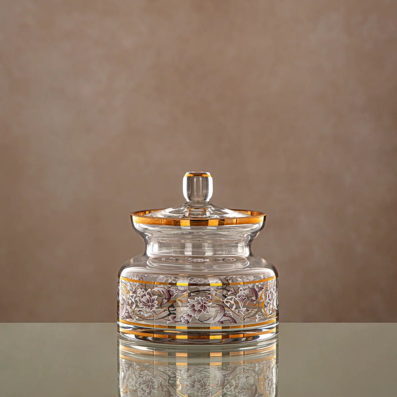 Almarjan Glass Candy Pot with Lid 450ml, Clear & Golden Pattern