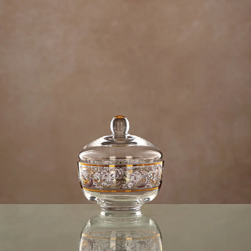 Almarjan Glass Sugar Pot with Lid 200ml, Clear & Golden Pattern