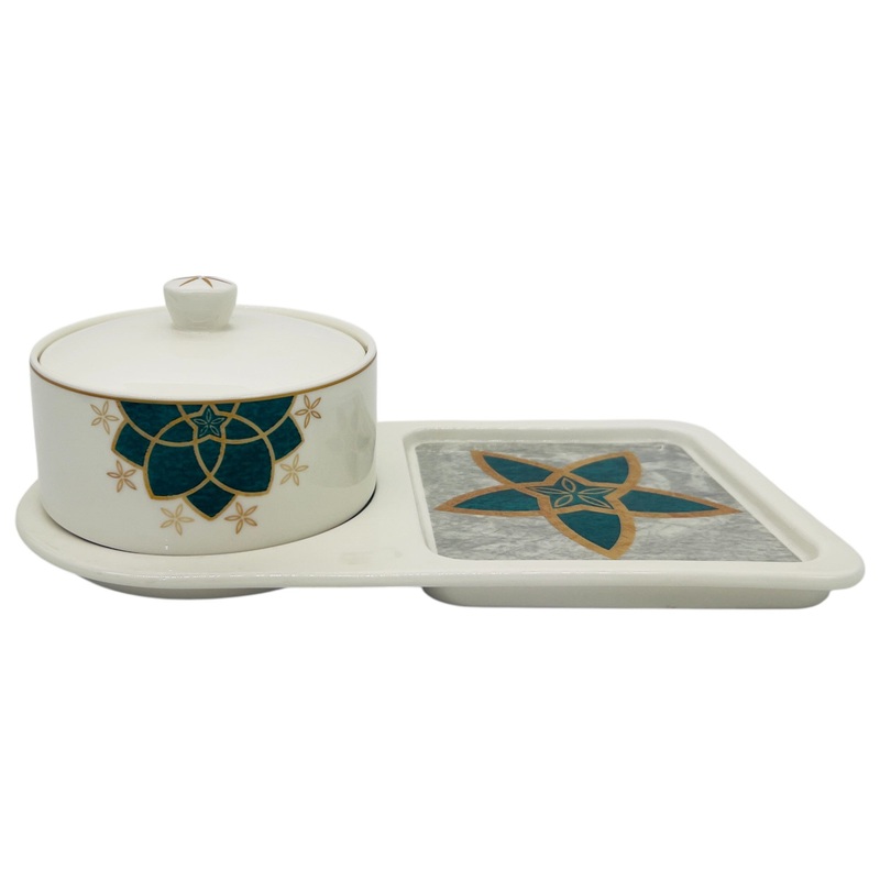 Angela Ceramic Sugar Pot with Tray 28cm*15cm*7.5cm, White-Green-Gold