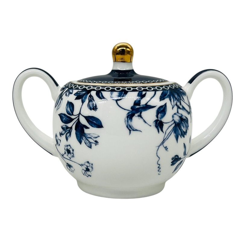 Luhpar Porcelain Sugar Pot with Lid 9cm*10cm, Blue Floral Design with Gold Rim