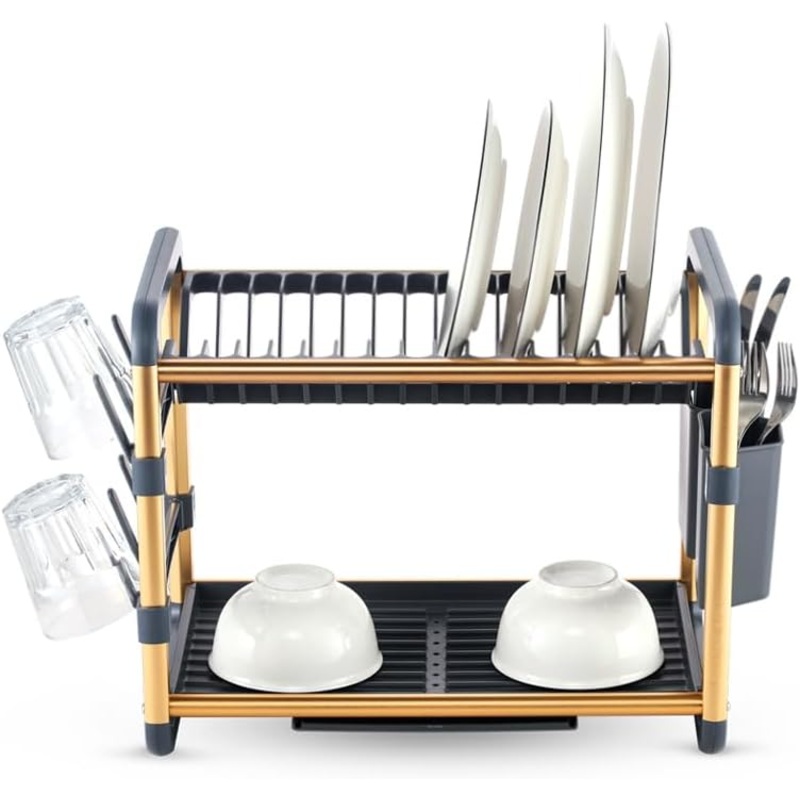 Royalford Dish Drying Stand with Drainer RF12587 Large 2 Tiers Kitchen Dish rack with Holder Utensils Holder and Cup Holder Baking paint Process Coatings 16 Plates Holder Strong Aluminum Easy Assemble-48.5cmX34cmX26.5cm