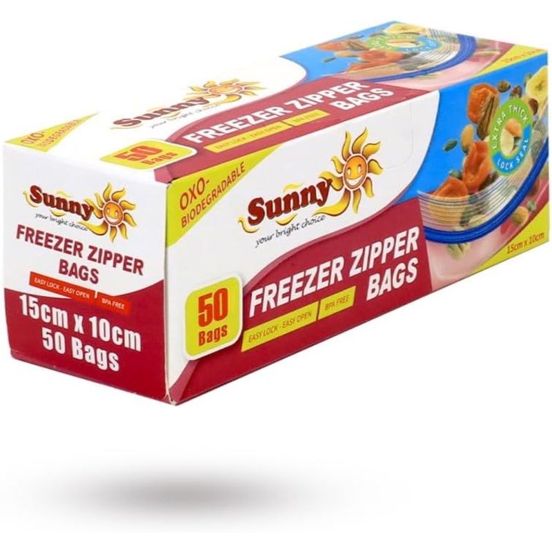 Sunny Zipper Bags 15cm*10cm, 50 Bags, Extra Thick, Easy Lock&Open, Oxo-Biodegradable