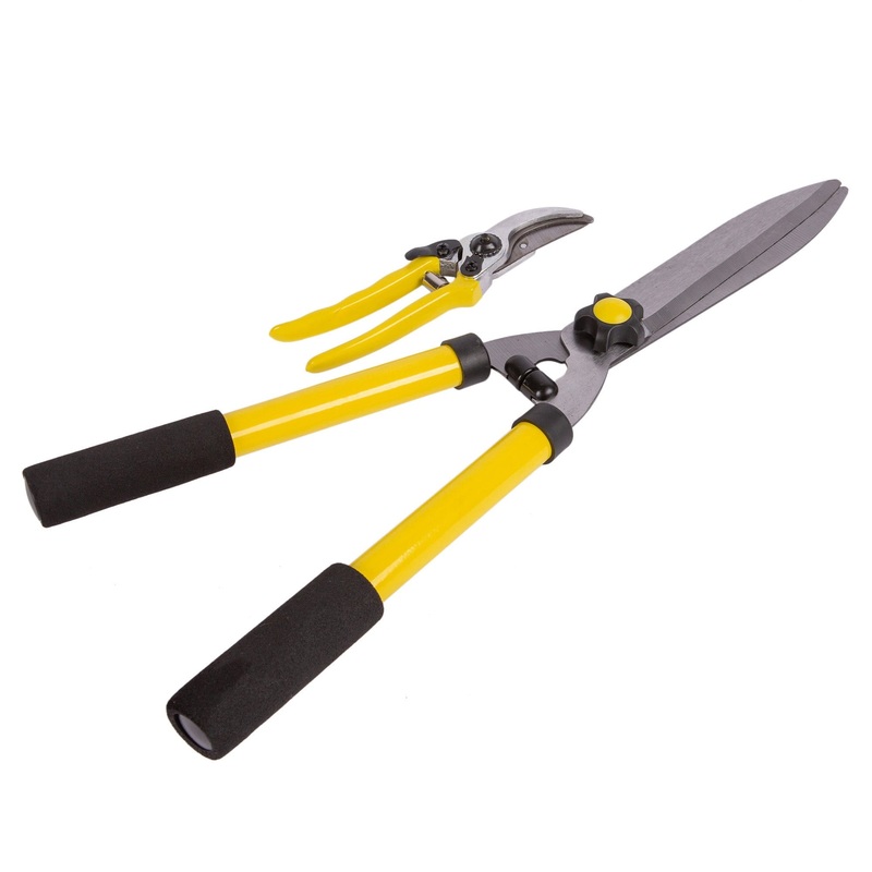 2pc Yellow Carbon Steel Hedge Shears & Secateurs Set