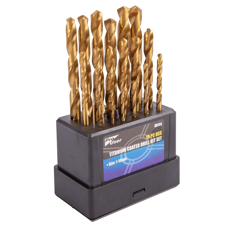 19pc Titanium Coated 1-10mm Steel HSS Drill Bit Set