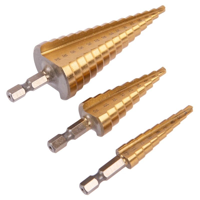 3pc Titanium Coated 4-32mm Steel Step Drill Bit Set