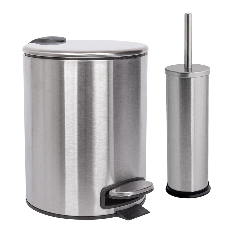 2pc 5L Round Stainless Steel Pedal Bin & Toilet Brush Set