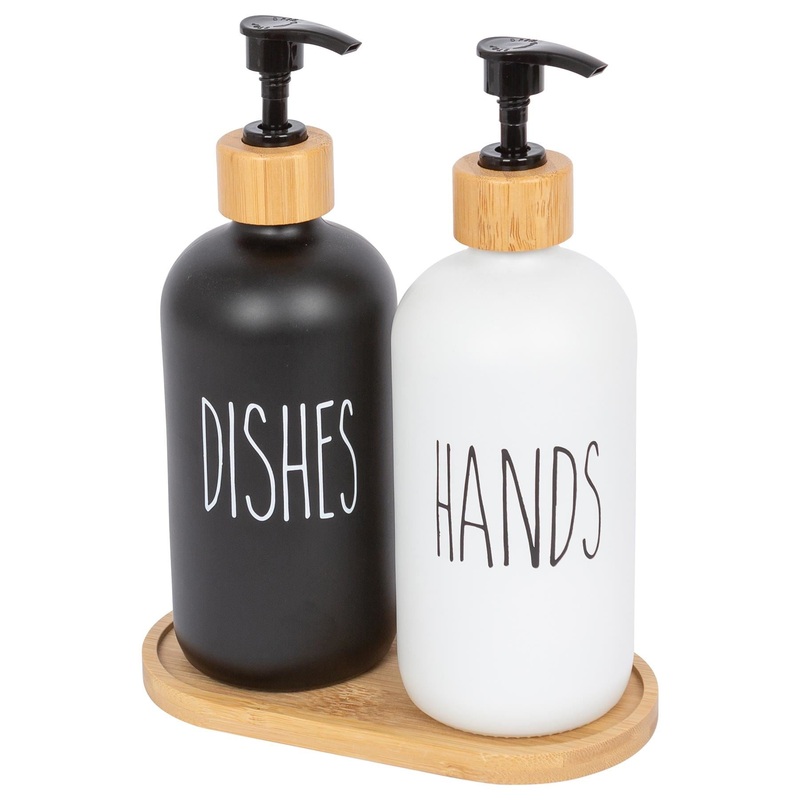 2pc Glass Hand & Dish Soap Dispenser Set with Bamboo Tray - 500ml - White/Black