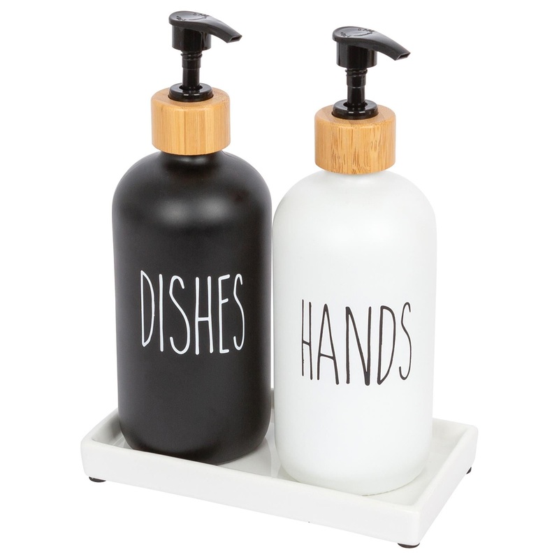 2pc Glass Hand & Dish Soap Dispenser Set with Ceramic Tray - 500ml - White/Black