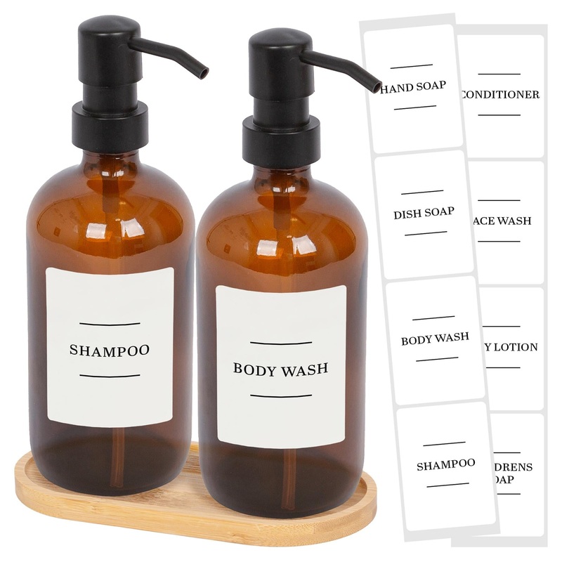 2pc Glass Soap Dispenser Set with Bamboo Tray & Labels - 500ml