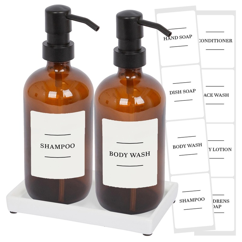 2pc Glass Soap Dispenser Set with Ceramic Tray & Labels - 500ml
