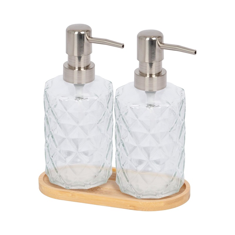 2pc Prism Glass Soap Dispenser Set with Bamboo Tray - 330ml