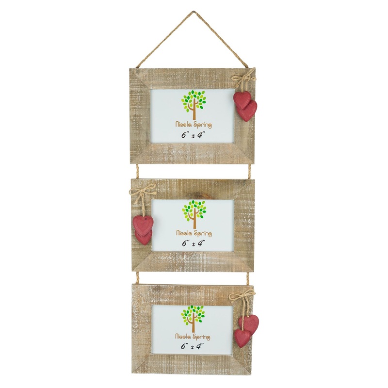 6" x 4" Hanging Triple Photo Frame with Hearts