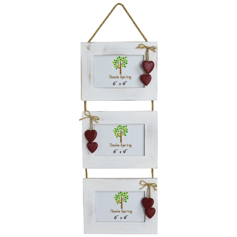 6" x 4" White Hanging Triple Photo Frame with Hearts