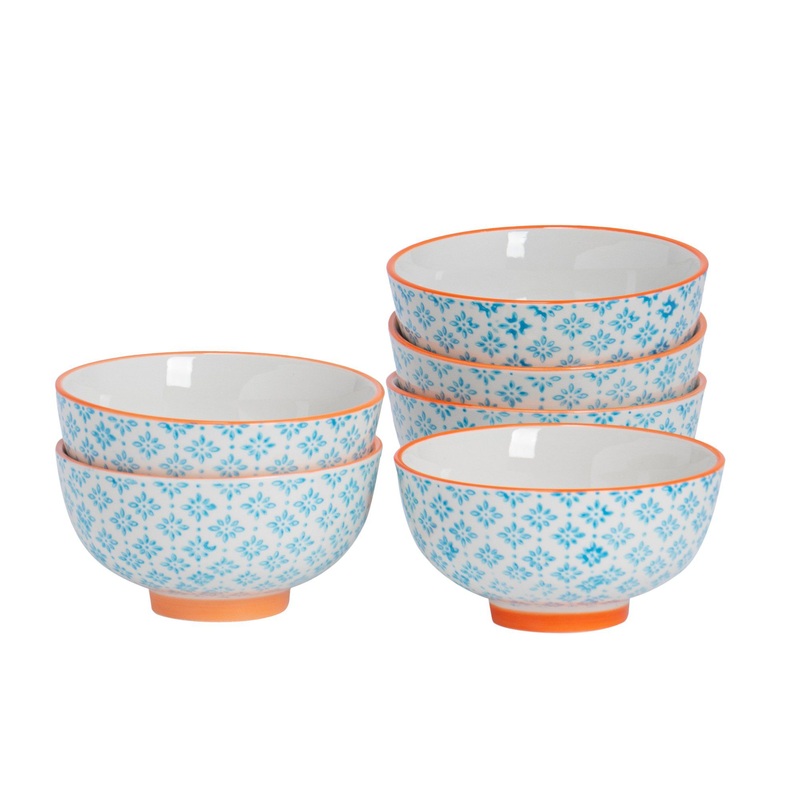 12cm Hand Printed Stoneware Rice Bowls - Pack of Six