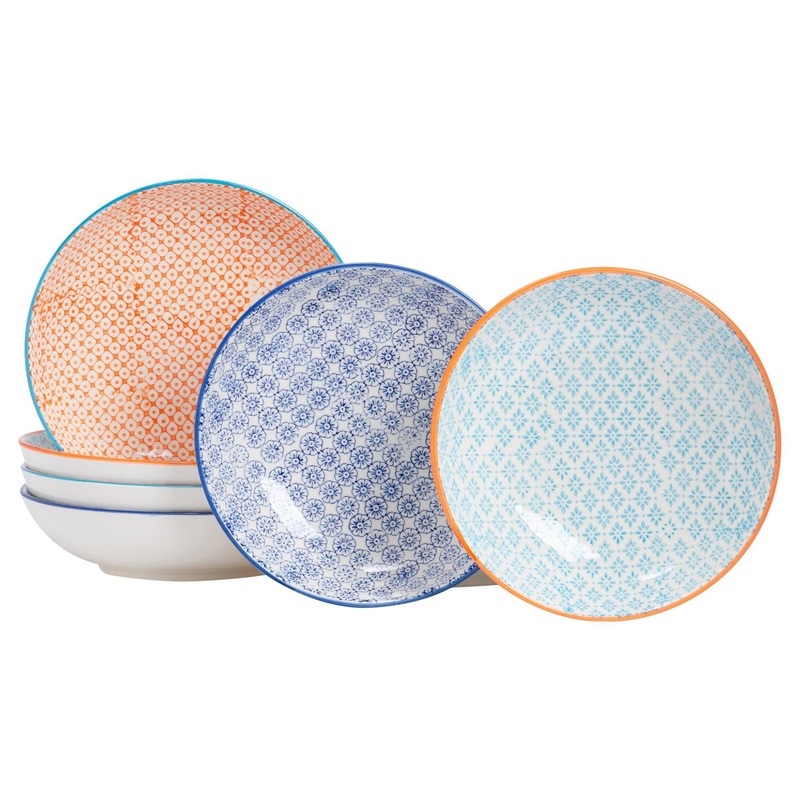 22cm Hand Printed Stoneware Pasta Bowls - Pack of Six
