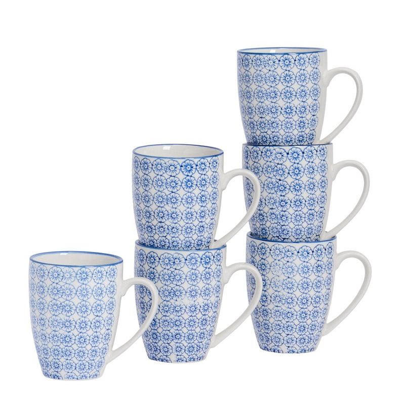 360ml Hand Printed Stoneware Coffee Mugs - Pack of Six