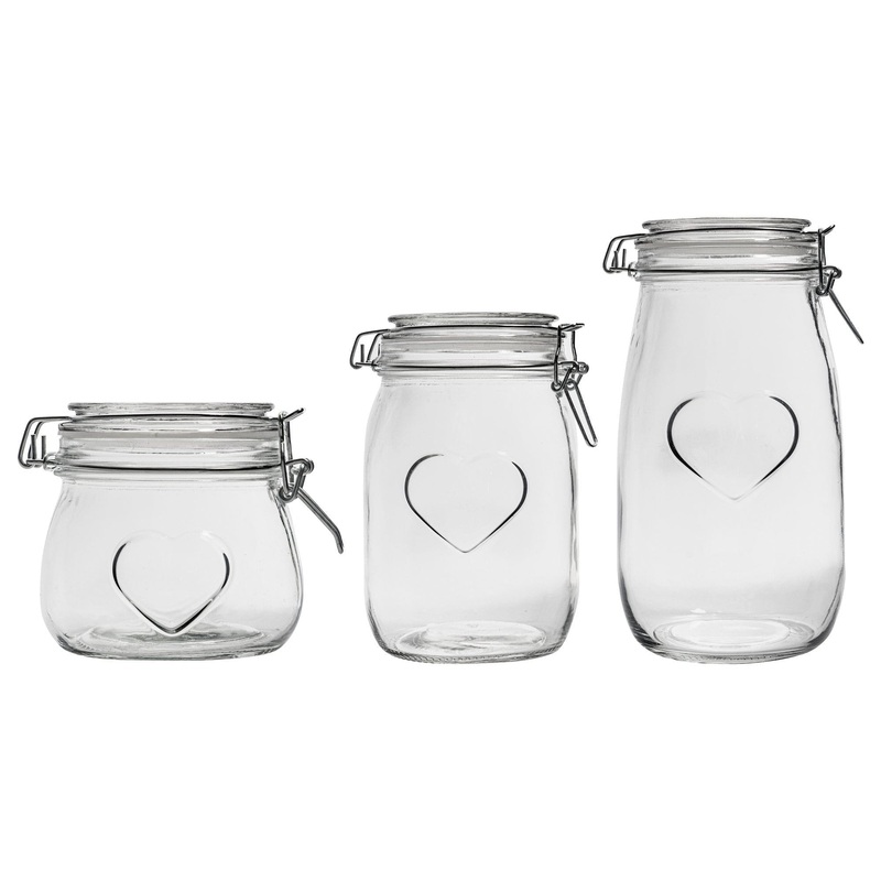 3pc Glass Storage Air tight Jar Set with Embossed Heart Detail
