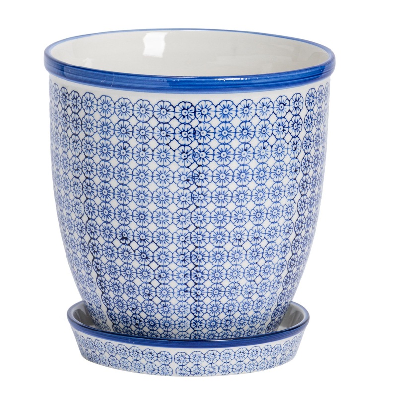 20cm Hand Printed Stoneware Plant Pot with Saucer