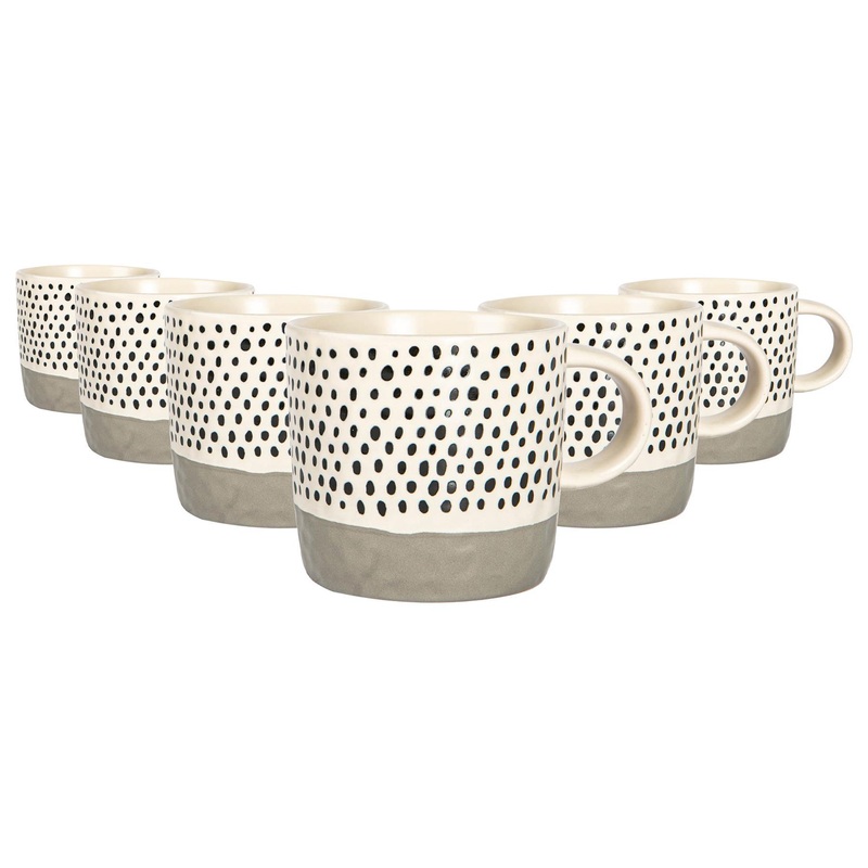385ml Colour Block Spot Portuguese Stoneware Coffee Mugs - Pack of Six