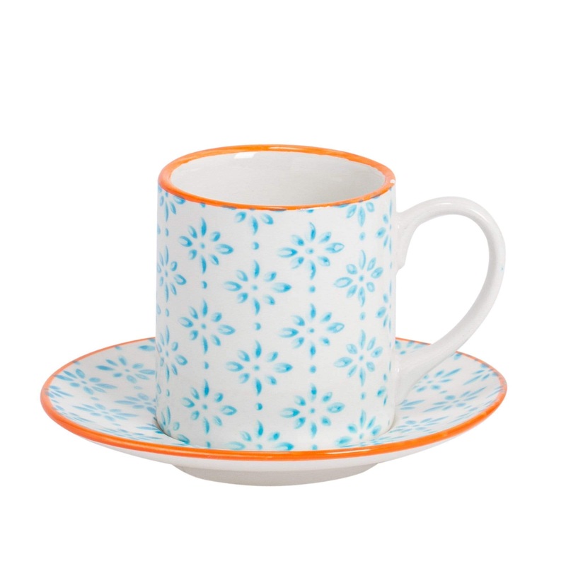 65ml Hand Printed Stoneware Espresso Cup & Saucer Set