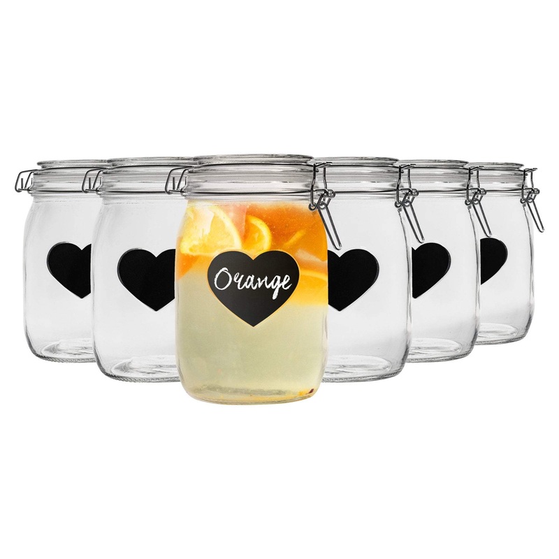 1L Air tight Glass Storage Jar with Embossed Heart Detail & Label - Pack of Six