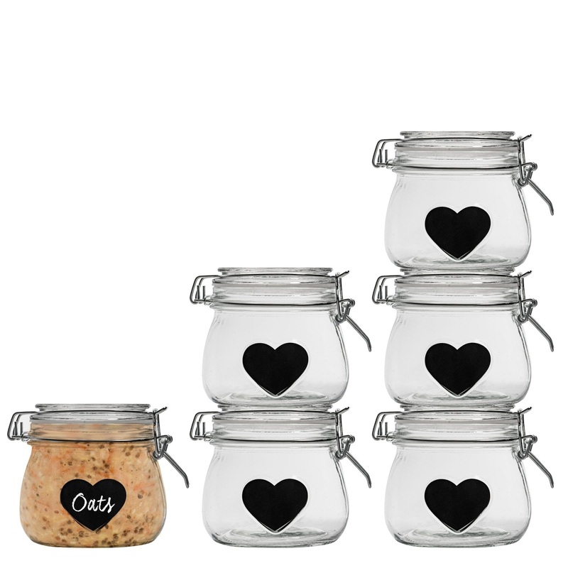 500ml Air tight Overnight oats Glass Storage Jar with Embossed Heart Detail & Label - Pack of Six