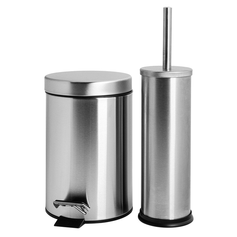 Matt Round Stainless Steel Toilet Brush & Bin Set