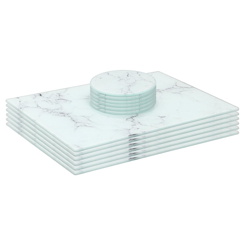 12pc Rectangle Glass Placemats & Round Coasters Set - 30cm x 20cm - Marble