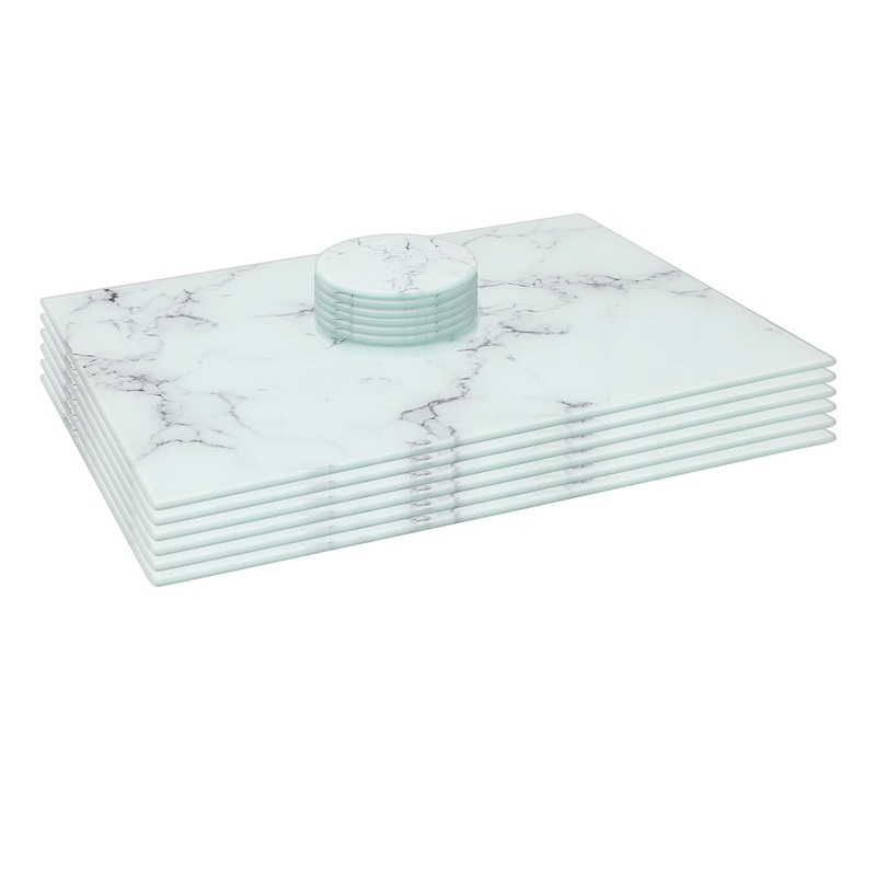 12pc Rectangle Glass Placemats & Round Coasters Set - 40cm x 30cm - Marble