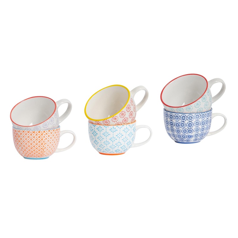 250ml Hand-Printed Stoneware Cappuccino Cups - Pack of 6