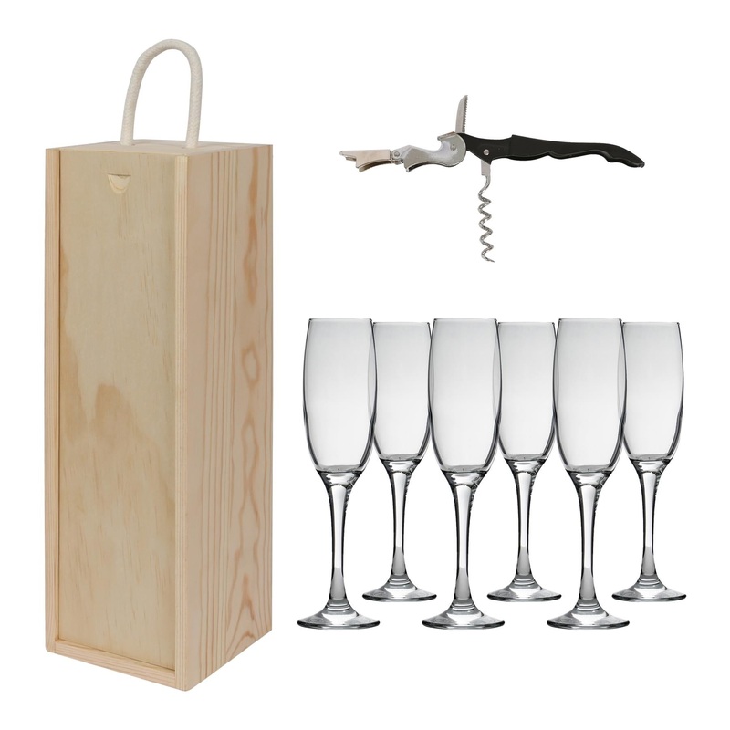 8pc Wooden Champagne Wine Box Set with Corkscrew & Flutes