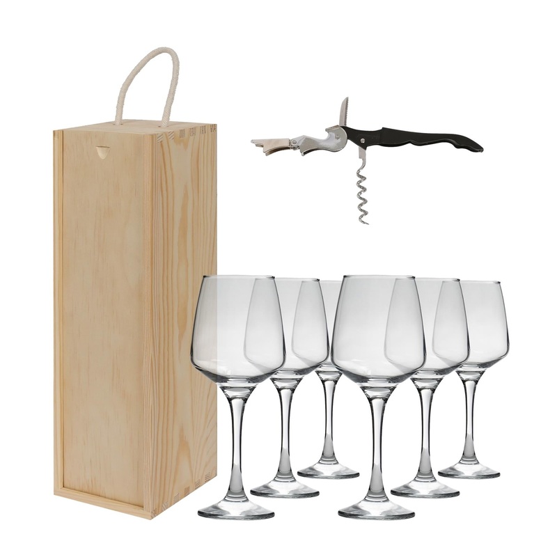 8pc Wooden Wine Box Set with Corkscrew & Glasses