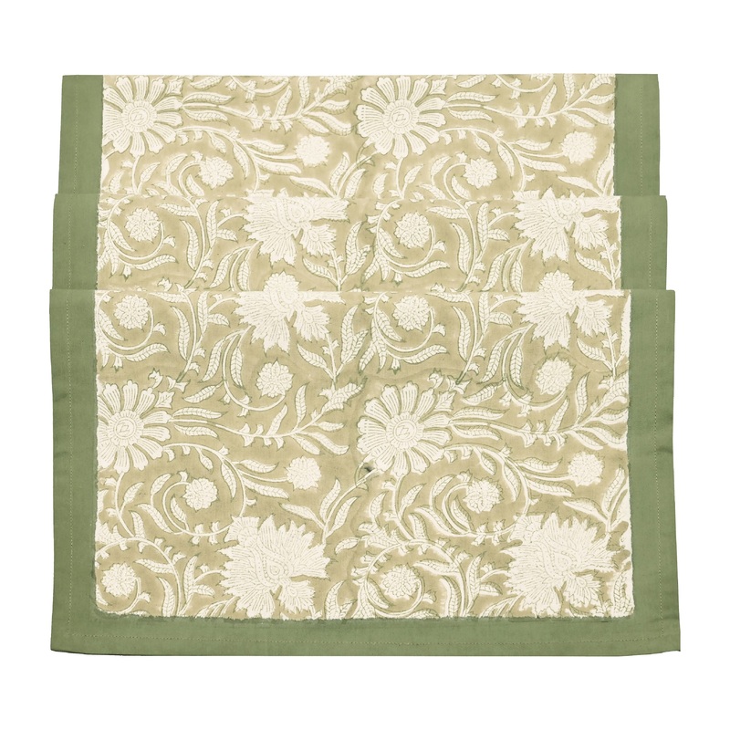 Walton & Co Elise Hand Block Olive Table Runner