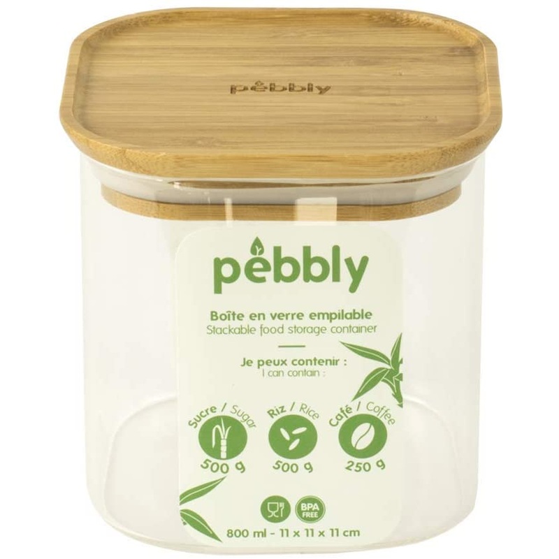 Pebbly Square Glass Container with Bamboo Lid - 11cm