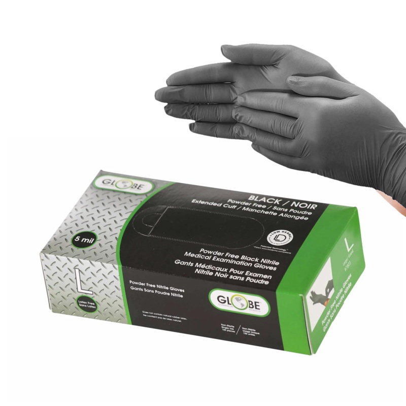 Globe Nitrile Gloves, Powder-Free, Large, 5 Mil Black