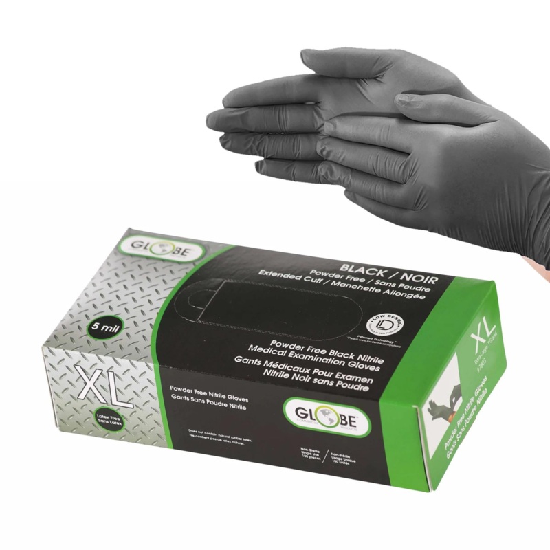Globe Nitrile Gloves, Powder-Free, XLarge, 5 Mil Black