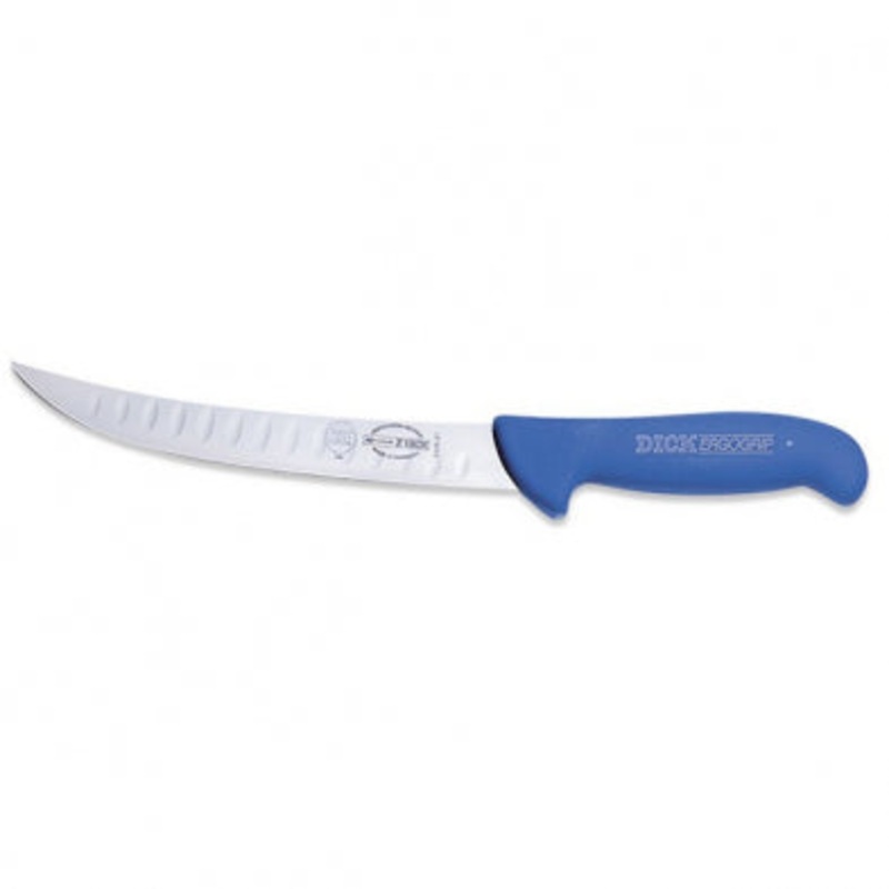F. Dick ErgoGrip Curved Butcher Knife, 10", Kullenschliff Edge, Blue